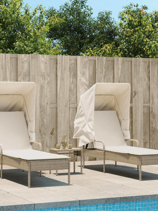 Deckchair Rattan with Cushion & Sunshade Beige with Table 2pcs 89x200x60cm.