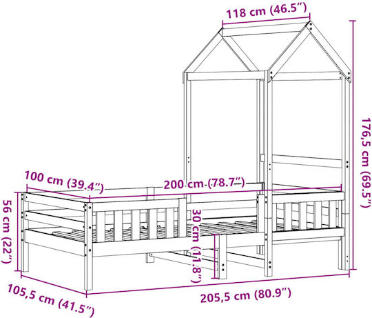 Детско Легло Единично Кафяв за Матрак 100x200см