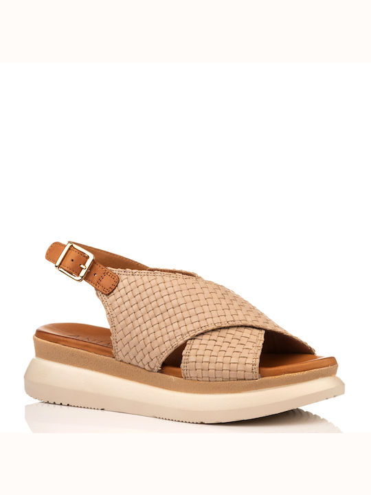 A.NI.MA Leather Women's Flat Sandals Flatforms in Beige Color