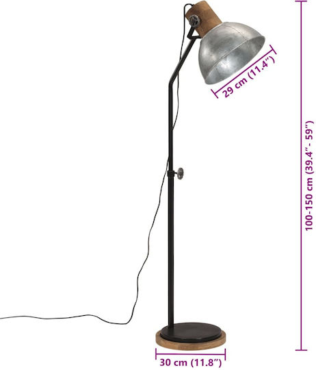vidaXL Vintage Floor Lamp H100xW30cm. with Socket for Bulb E27 Silver