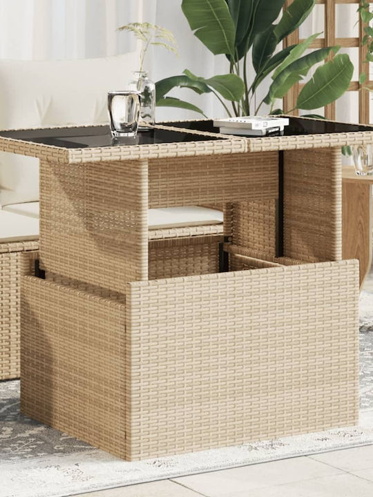 Outdoor Dinner Free Standing Table with Glass Surface and Rattan Frame Natural 100x55x73cm