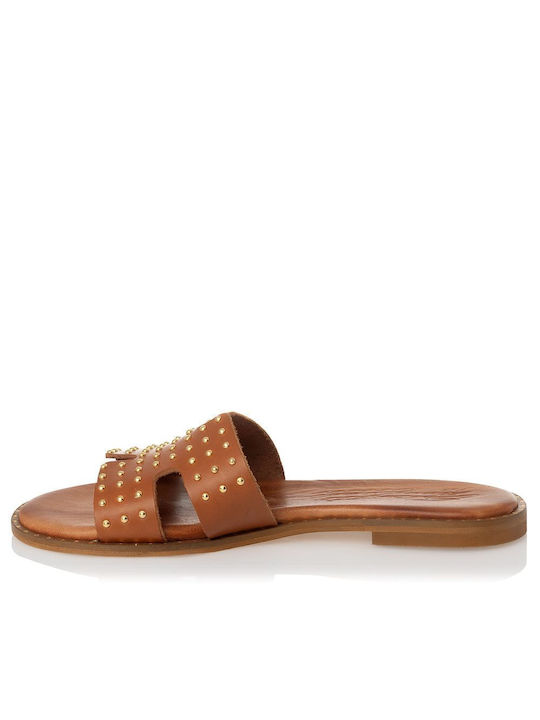 Sante Leather Women's Flat Sandals in Tabac Brown Color