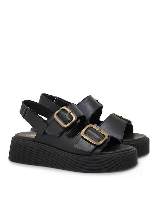 Tsakiris Mallas Leather Women's Flat Sandals in Black Color