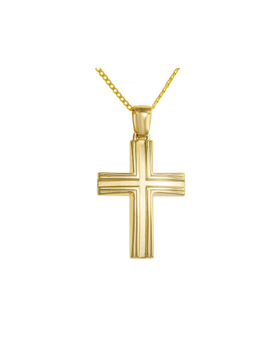 Papoulidis Jewellery Χρυσός Σταυρός 14K Διπλής Όψης με Αλυσίδα