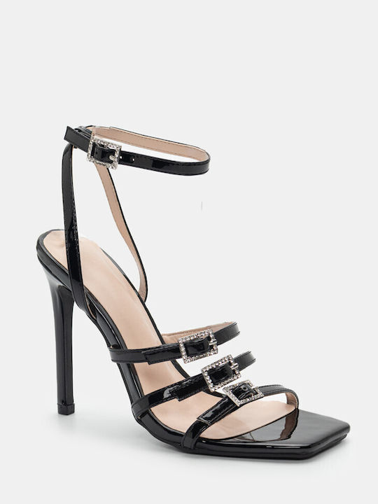 Luigi Synthetic Leather Women's Sandals with Strass & Ankle Strap Black with Thin High Heel