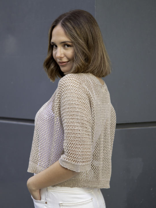 Bolero Cardigan Design Perforat 100% Bumbac Lurex Bej 13169