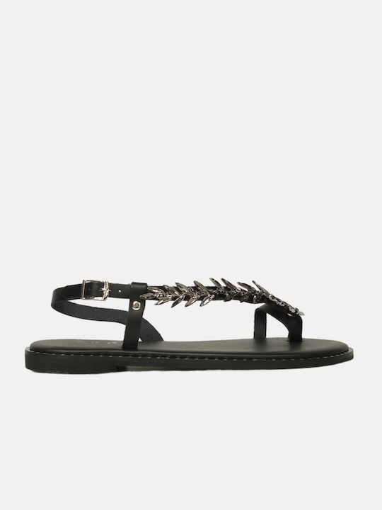 IRIS Leather Women's Flat Sandals with Strap in Black Color