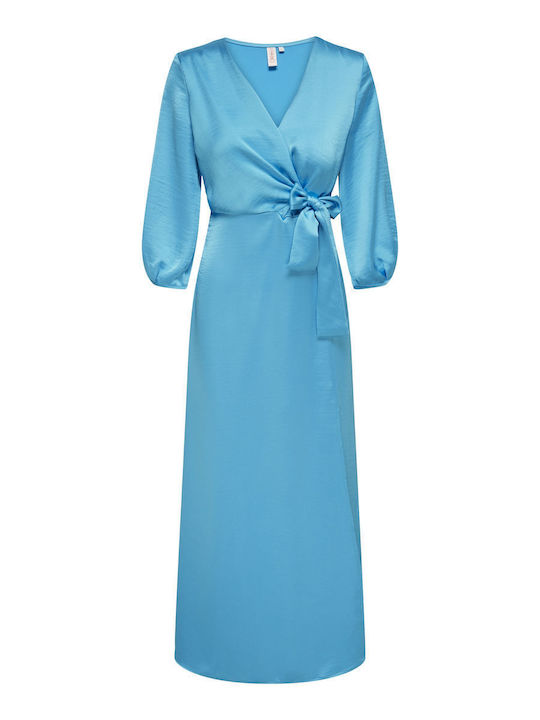 Summer Maxi Dress for Wedding Christening Satin Cyan Blue