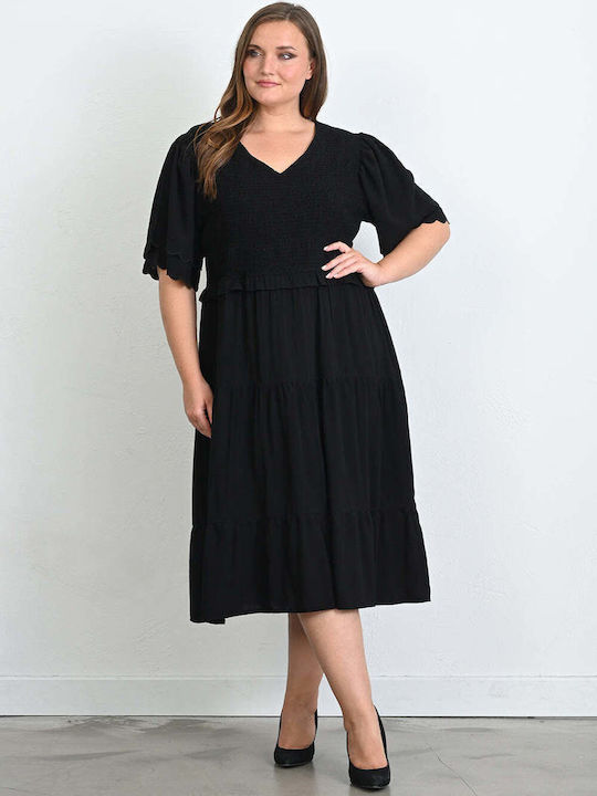 Bubble Chic Summer Midi Dress with Ruffle Black