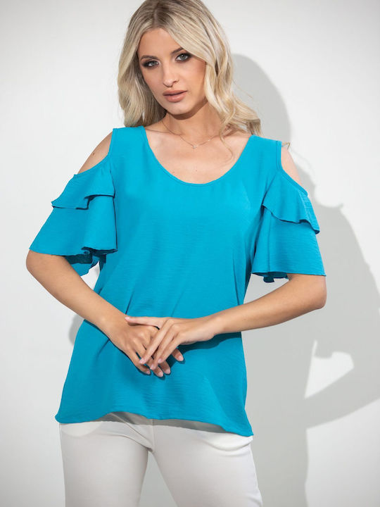 Boutique Damen Bluse Schulterfrei Hellblau