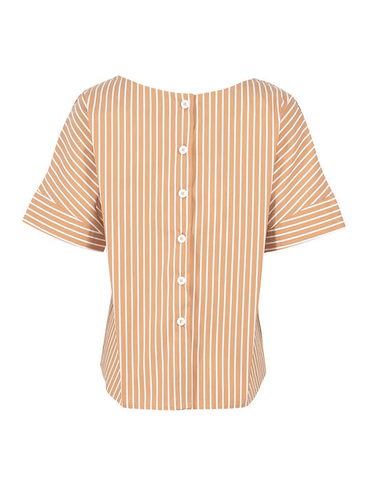 Pirouette Women's Blouse Cotton Short Sleeve with V Neckline Striped Brown