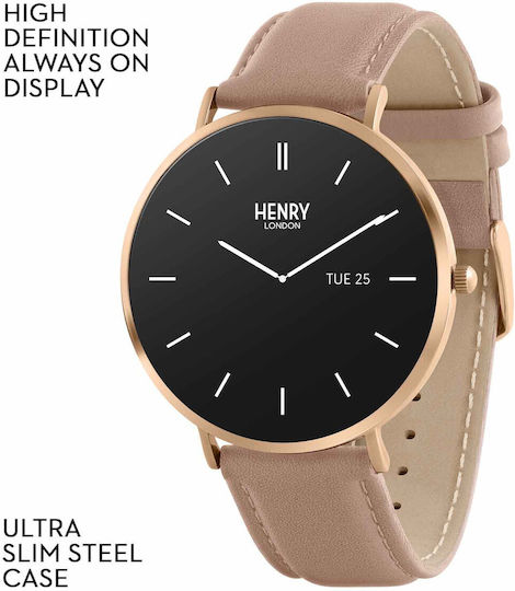 Smart Stainless Steel 43mm Smartwatch with Heart Rate Monitor (Rose & Nude Leather)