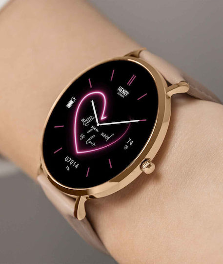Smart Stainless Steel 43mm Smartwatch with Heart Rate Monitor (Rose & Nude Leather)