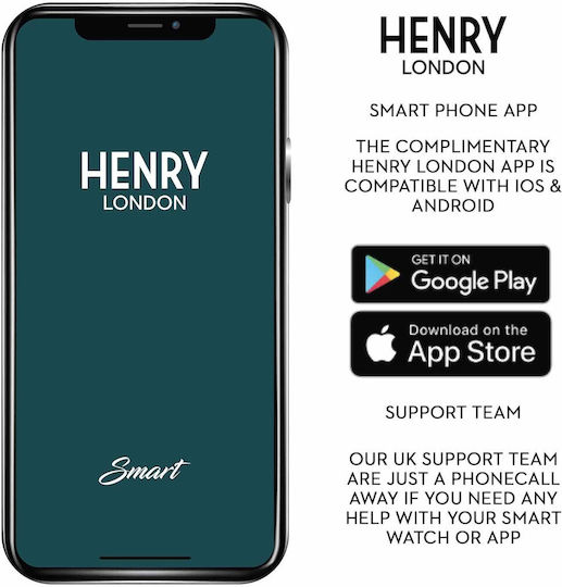 Henry London Smart Неръждаема стомана 43мм Смартчасовник с Пулсомер (Gold & Black Leather)