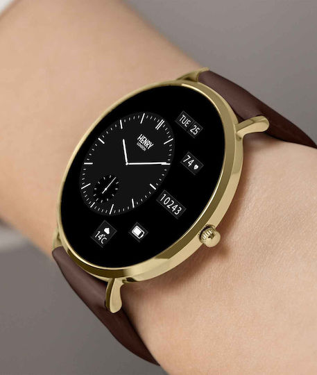 Henry London Smart Stainless Steel 43mm Smartwatch with Heart Rate Monitor (Gold & Chocolate Leather)