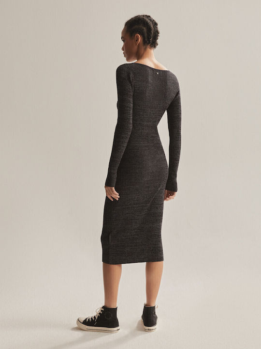 Rochie Midi în Stil Seimițiere Tricotată Negru