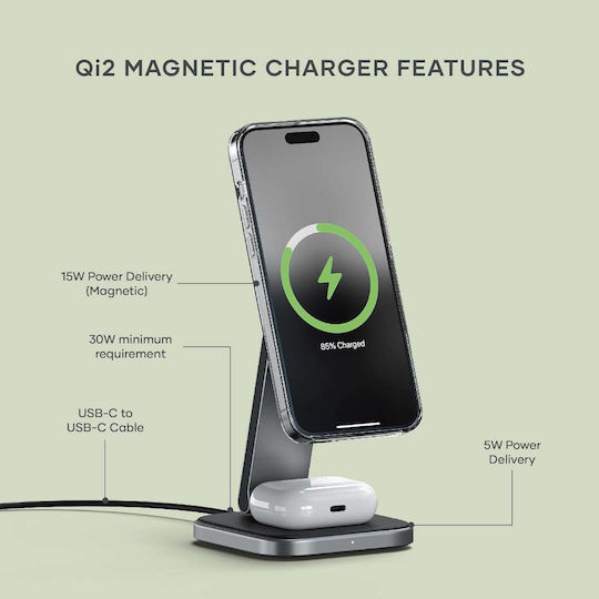 Satechi Ασύρματος Φορτιστής Qi2 15W Γκρι (2-in-1 Foldable)
