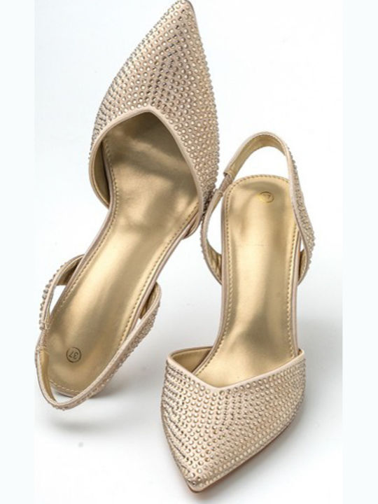 Synthetic Leather Stiletto Gold High Heels with Strap