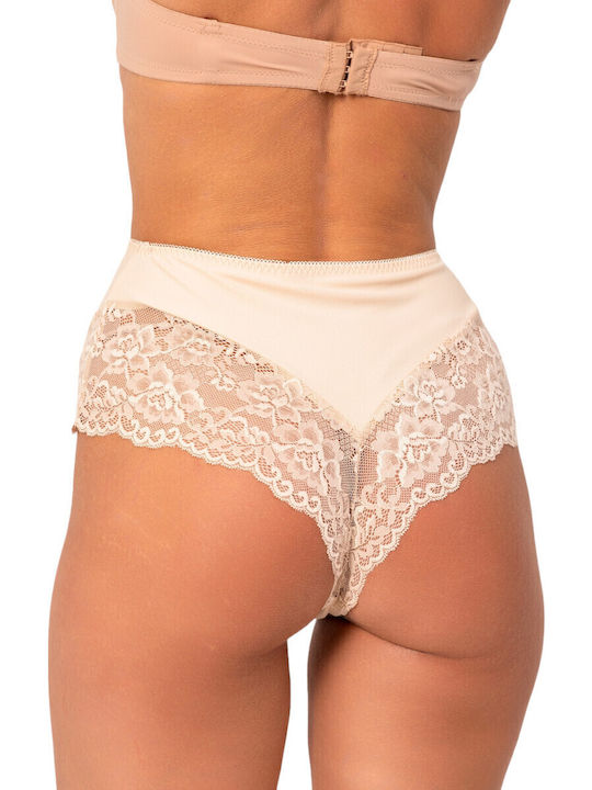 High-waisted Women's Brazil with Lace Beige