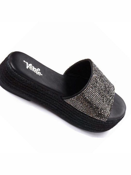 Verde Women's Flat Sandals Flatforms in Black Color