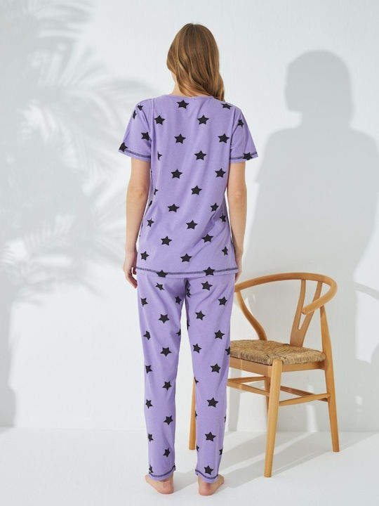 Siyah Inci Summer Women's Pyjama Set Cotton Lilac