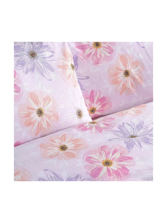 Lino Home Bettwäsche-Set Einzel Angepasst aus Baumwolle & Polyester Blume Lilac 105x200cm 3Stück