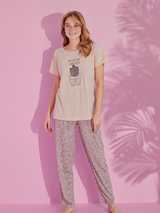 Pijamale de damă Pijamood Lucky Cactus Viscose Portocaliu Deschis