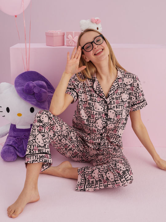 Hello Kitty Καλοκαιρινό Γυναικείο Σετ Πιτζάμας Βαμβακερό Ροζ