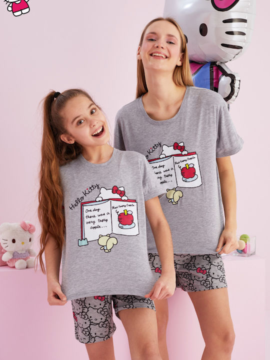 Hello Kitty Καλοκαιρινό Γυναικείο Σετ Πιτζάμας Σκούρο Γκρί