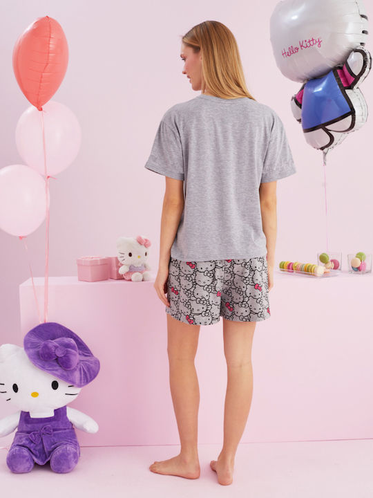 Hello Kitty Καλοκαιρινό Γυναικείο Σετ Πιτζάμας Σκούρο Γκρί