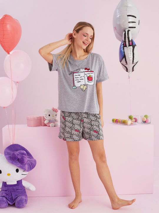 Hello Kitty Καλοκαιρινό Γυναικείο Σετ Πιτζάμας Σκούρο Γκρί