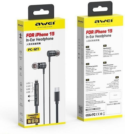 Awei PC-12T In-ear Handsfree Ακουστικά με Βύσμα USB-C Μαύρο
