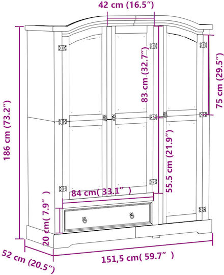 Dreifachtür Kleiderschrank Corona White 151.5x52x186cm