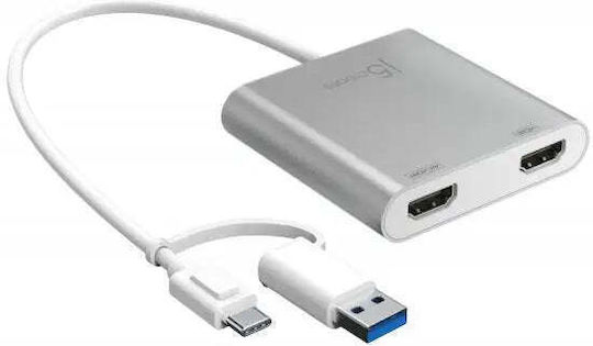 J5create JCA365 Конвертор USB-C Мъжки към HDMI 2x Женски Сив