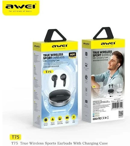 Awei T75 Earbud Bluetooth Handsfree Earphones with Sweat Resistance and Charging Case Black