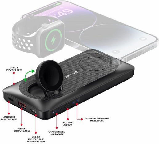 Swissten 2in1 MagSafe Power Bank 10000mAh με Θύρα USB-A Μαύρο