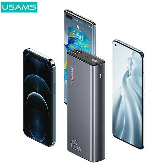 Usams US-CD165 Power Bank 30000mAh 65W with 2 USB-A Ports and USB-C Port Power Delivery Black