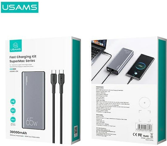Usams US-CD165 Power Bank 30000mAh 65W with 2 USB-A Ports and USB-C Port Power Delivery Black