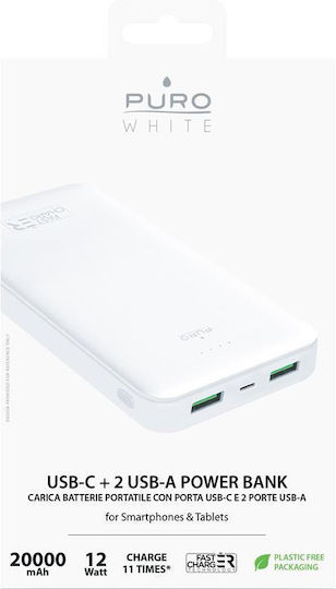 Puro Fast Charger Power Bank 20000mAh cu 2 Porturi USB-A și Port USB-C Alb