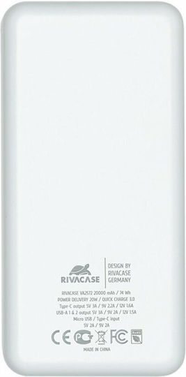 Rivacase VA2572 Външна Батерия 20000mAh 20W с USB-A Изходен Порт и USB-C Изходен Порт Бързо Зареждане Бяла