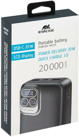 Rivacase Power Bank 20000mAh με 2 Θύρες USB-A Power Delivery Μαύρο