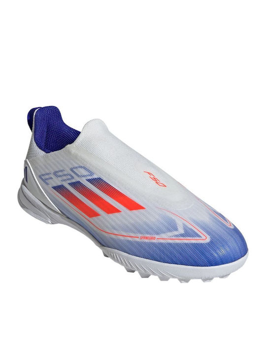 Kids Soccer Cleats & Shoes F50 League Turf Without Laces Cloud White Solar Red Lucid Blue