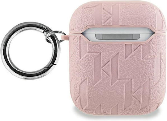 Karl Lagerfeld Karl Head Θήκη Δερμάτινη με Γάντζο σε Ροζ χρώμα για Apple AirPods 1 / AirPods 2