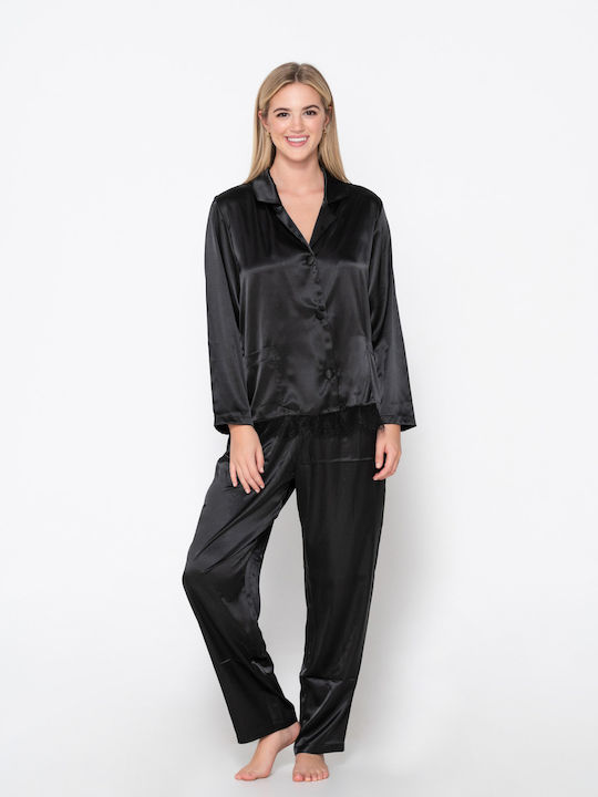 Luna Sommer Damen Pyjama-Set Satin Black