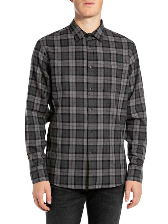 Replay Men's Shirt Long Sleeve Cotton Checked Grey- Black