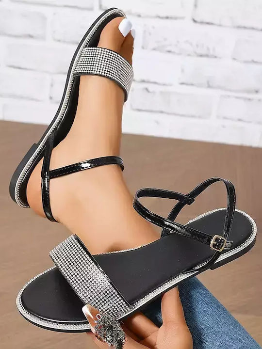Black Strappy Sandals with Rhinestones