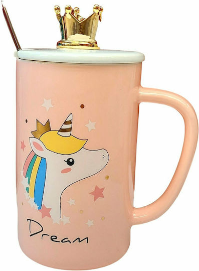 Pierotto Cană din Porțelan cu Capac Roz 400ml