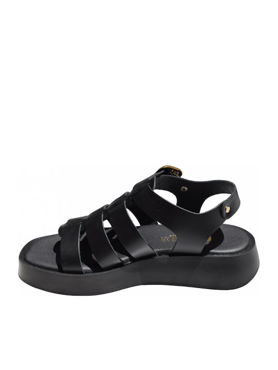 Leather Women's Flat Sandals in Black Color