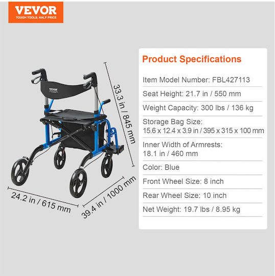 Faltrollstuhl aus Aluminium mit Aufbewahrungstasche 2 in 1 1000 x 615 x 845 mm Vevor Ehyzxqckjlq8mz3u6v0