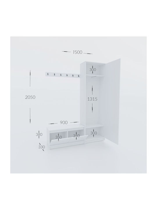 Sara Entry Furniture with Hanger / Shoe Rack & Wardrobe White 150x33x205cm